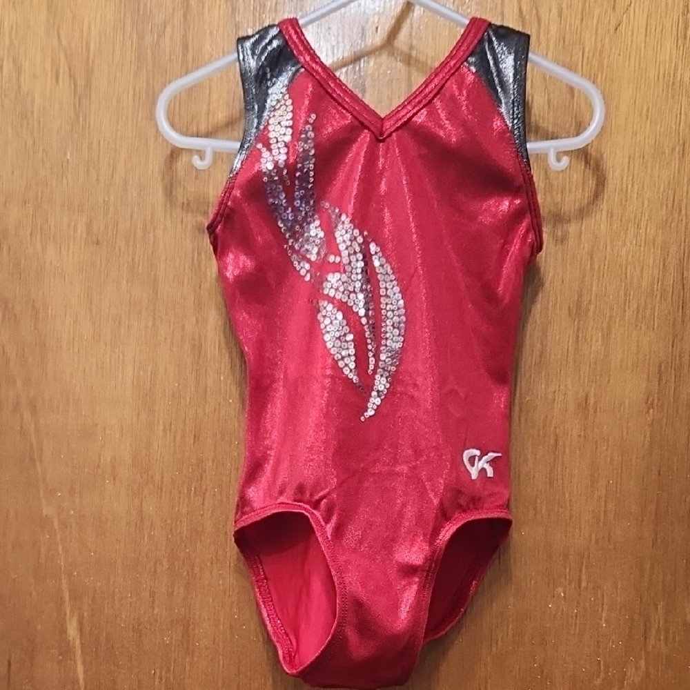 GK Red Leotard with Black and Silver Accents